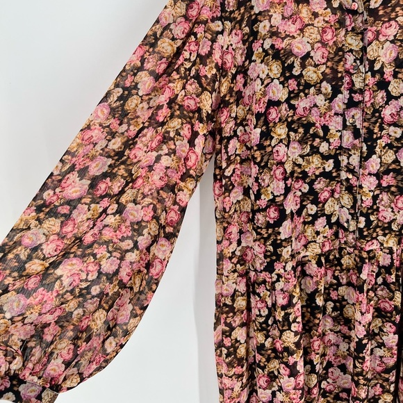H&M Floral Chiffon Button Down Flowy Loose Boho Tiered Maxi Dress In Black Roses - Picture 7 of 9